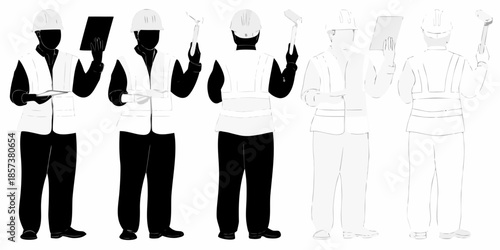 A series of construction workers in various poses represented as silhouettes