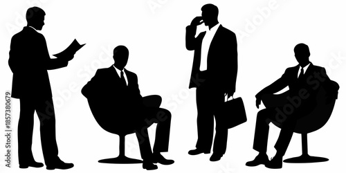 Silhouettes of business people in discussion and thoughtful poses