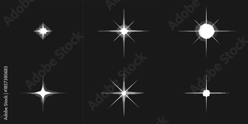 A collection of diverse sparkling starbursts and shining light effects on black