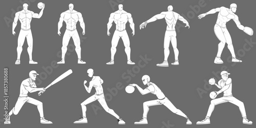 Sketch series depicting athletic figures in various dynamic poses and sports actions