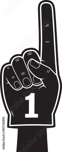 Black and white foam finger with number one pointing upwards also transparent background
