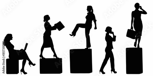 Silhouette of businesswomen in various poses representing career progression and success