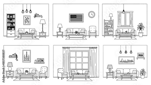 Set of Living Room Decoration Ideas Featuring Furniture and Wall Decor Items in Linear Style for Home Interior Vector Illustrations