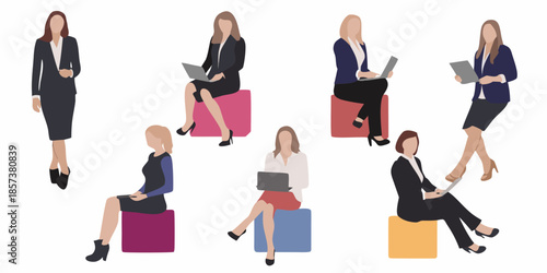 Abstract vector illustration of women working and relaxing in a modern office