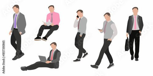 Diverse poses of a businessman in a suit visualized as simple vector graphics