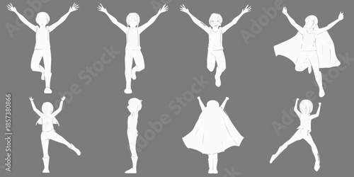 Silhouettes of children in various joyful and dynamic poses against a dark background
