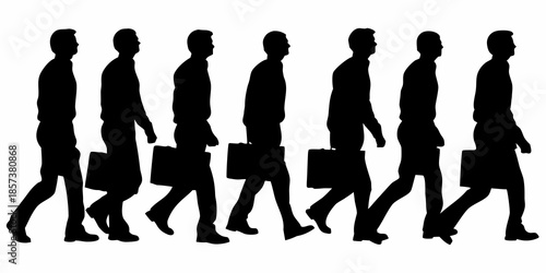 Silhouettes of businessmen walking in a line each carrying a briefcase