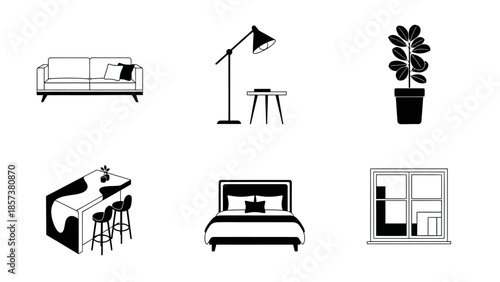 Collection of Furniture for Living Room and Bedroom in Black and White Style Featuring Sofa Lamp Table Chair Bed Window and Plants in Vector Format