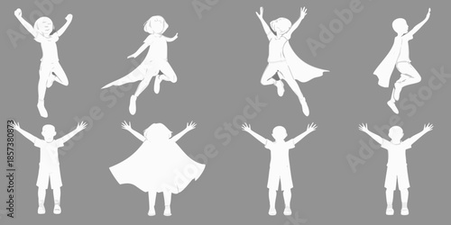 Children in joyful poses silhouettes with varying outfits and dynamic movement