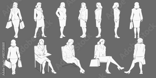 Stylized illustrations of businesswomen in suits various poses and outfits displayed