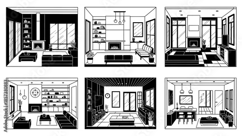 Collection of Interior Room Designs Featuring Black and White Elements Including Furniture Decorations and Architectural Details in Simple Vector Style
