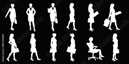 Silhouettes of women in business attire showcasing different poses and movements