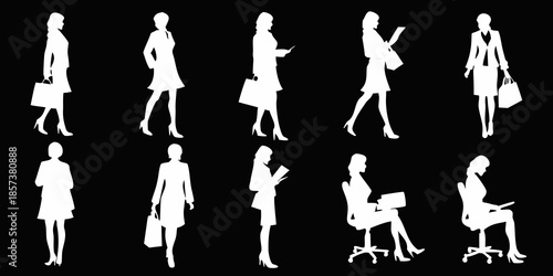 Silhouettes of professional women in various poses holding briefcases and bags