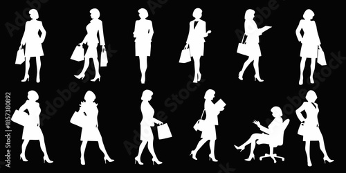 Silhouettes of women in business attire walking and in various poses