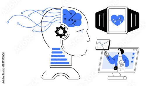 Artificial intelligence concept. Artificial intelligence powering brain processes, healthcare technology thumbs up smartwatches, and virtual learning interfaces. Artificial intelligence