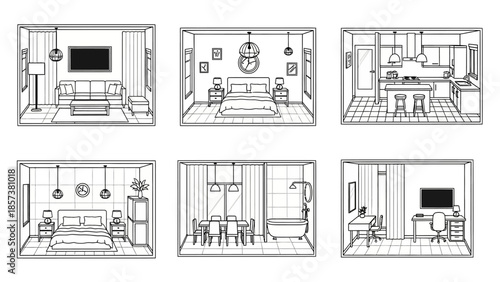 Different interior scenes such as living room, bedroom, kitchen and bathroom in cartoon style on white background