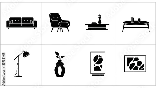 Collection of different kinds of furniture such as sofa, armchair, table, lamp, vase and picture in cartoon style on white background