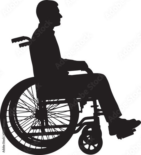 Black silhouette of a person in a wheelchair with detailed wheels also transparent background white