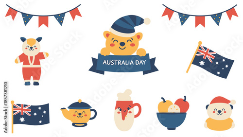 Cute Australia Day themed of animals and food Keywords: Australia Day, cute, cartoon, bear