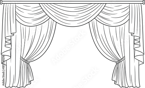 Curtain and valance illustration, window treatment design, swag drape, tied panels, black line art, interior decor sketch