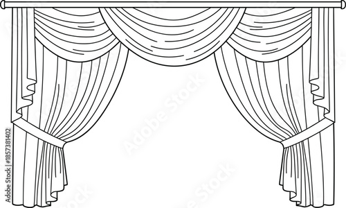 Curtain illustration, swag valance, pleated drapes, window treatment, interior decor, home textile, elegant design, black line art, vector sketch
