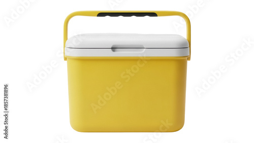 Yellow cooler box PNG isolated on transparent background, portable ice chest for camping and outdoor activities