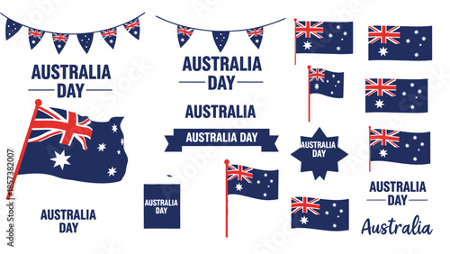 Australia Day Celebration with Waving Flags and Text Keywords: Australia Day, Australia
