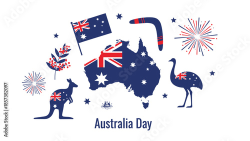 Australia Day Map Kangaroo Emu Boomerang Fireworks and Flags Keywords: Australia, Australia Day