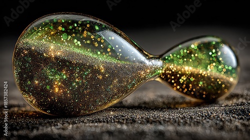 A simple, elegant hourglass, with the sand replaced by flowing, glowing particles of green energy, symbolizing sustainable time management 