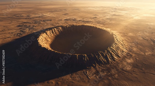 An immense, ancient meteor crater in an arid landscape, its circular rim clearly defined against the flat plains, viewed from a high altitude as the sun sets, casting a shadow across its floor. 