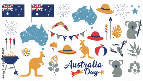 Australian Day Celebration Kangaroo Koala Boomerang Flags and BQ Keywords: Australia Day