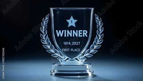 Winner glass trophy with transparent crystal body, engraved laurel wreath, and glossy first-place symbol ideal for award ceremonies, championship prizes, business achievements, and realistic vector il