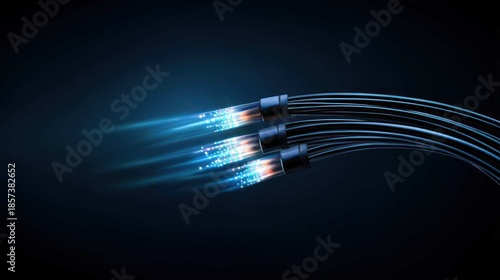 bundle of optic cables, with the tips glowing intensely with light, shallow depth of field, bokeh background, capturing the speed of information, professional product shot