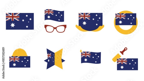 Australian Flags and Abstract Geometric Shapes with Yellow Accents Keywords: Australia