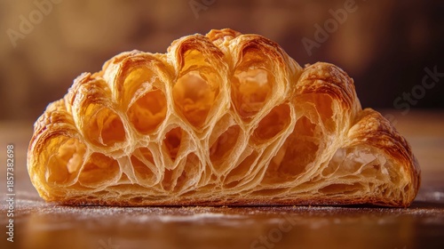 cross-section of a freshly baked croissant, broken open to reveal the thousands of delicate, honeycomb-like layers of buttery pastry, textural masterpiece, shot with a macro lens, warm bakery light.