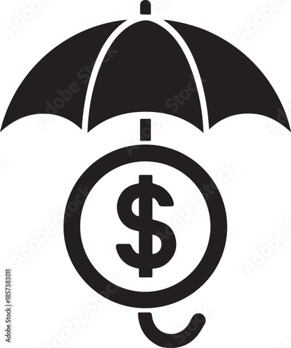 Currency coin under umbrella silhouette icon representing financial protection and insurance