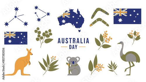 Australian National Symbols Kangaroo Koala Emu Boomerangs and Flags Keywords: Australia