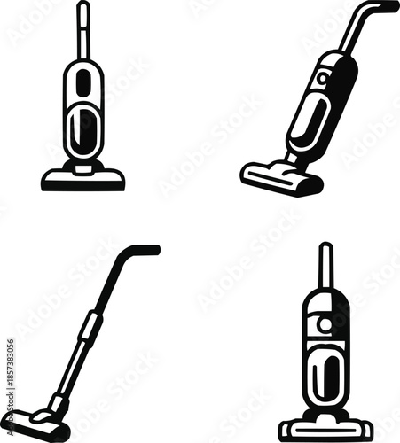 Upright Vacuum Cleaner Icon Set Home Cleaning and Maintenance Poses