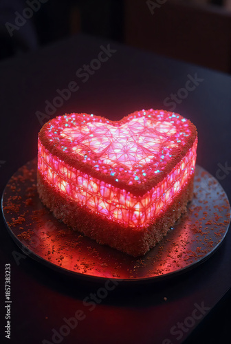 HD futuristic glowing geometric heart cake for Valentine's