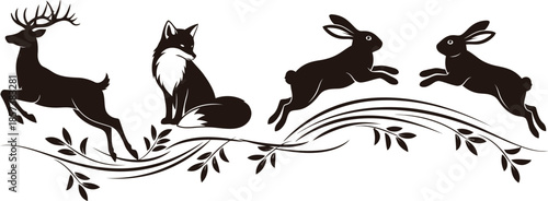 Wild animals running through forest silhouette