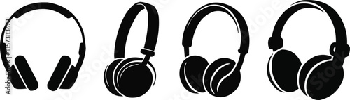 Headphones Silhouette Icon Set Minimal Audio Devices in Row