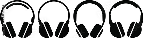 Headphones Silhouette Icon Set Minimal Audio Devices in Row