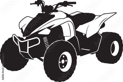 Black and white silhouette of a four wheel A T V quad bike