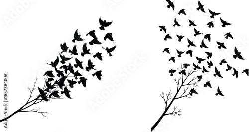 Flock of birds flying away from bare tree branches