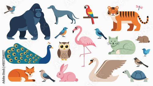 Colorful collage of cute cartoon animals featuring gorilla, tiger, parrot, peacock, flamingo, owl, rabbit, giraffe and more - kid-friendly wildlife illustrations