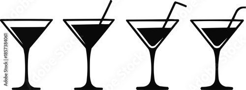 Martini Glass Silhouette Icon Set Classic and Straw Cocktail Styles