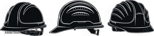 Black and white vector illustration of industrial safety hard hats showing front side and perspective views for construction site protection.