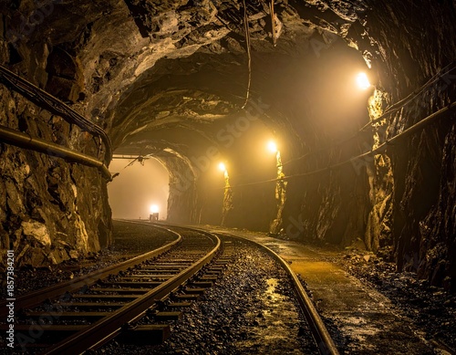 Dark mine shaft with tracks and lights in foggy tunnel