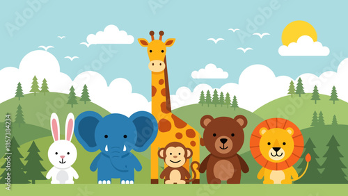 Playful group of cartoon jungle animals: bunny, elephant, giraffe, monkey, bear and lion posing together in a sunny forest.