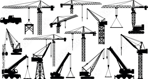 Comprehensive Collection of Construction Crane Silhouettes Including Tower Mobile Crawler and Hydraulic Machinery Vector Icons for Industrial Building Site Design